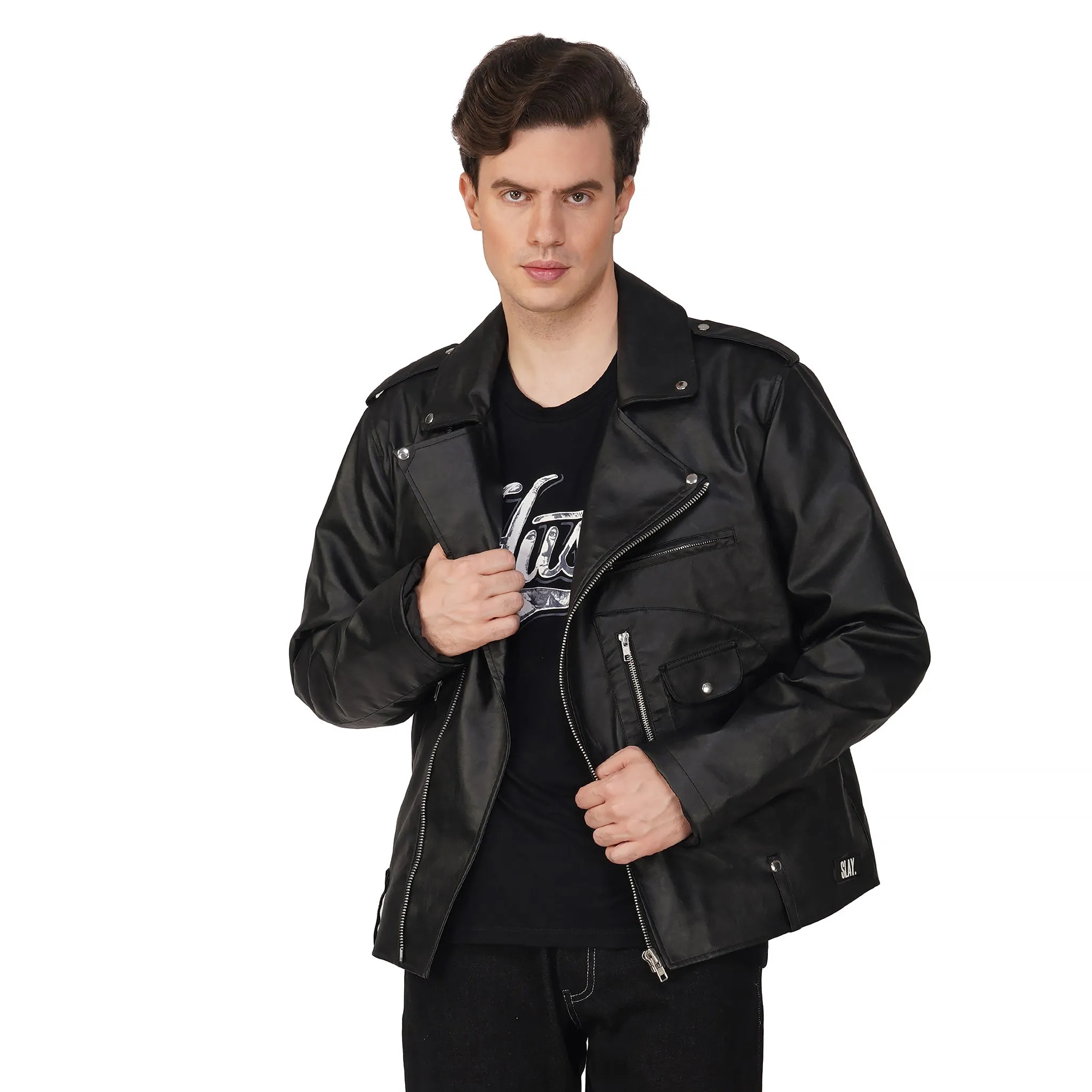 SLAY. Men's Black Faux Leather Biker Jacket