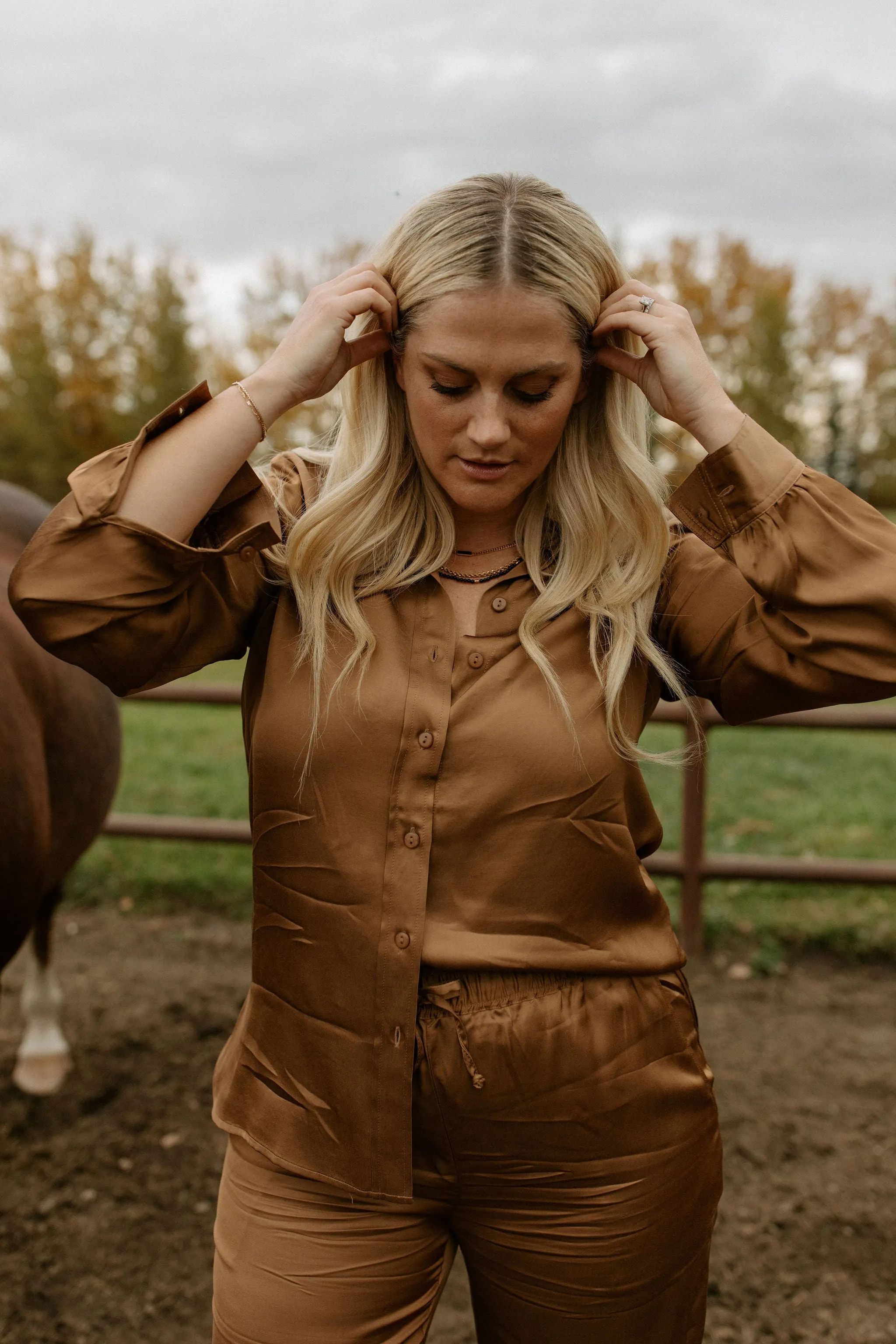 The Coraline Satin Shirt by Part Two - Toasted Coconut
