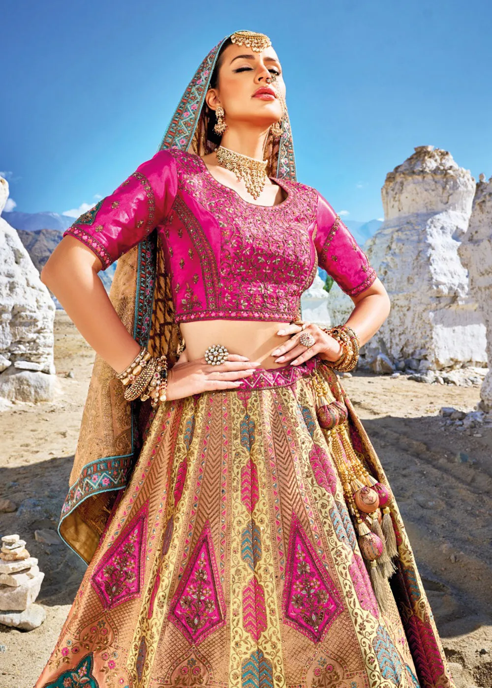 Traditional Pink & Yellow Banarasi Silk Embroidered Bridal Lehenga Choli