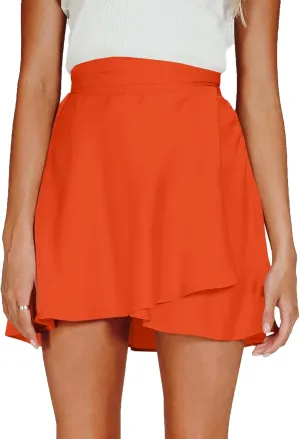 Umenlele Women's Satin Tie Knot Belted Waist Wrap Skater Mini Short Skirt