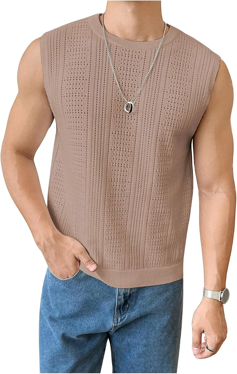 Verdusa Men's Sleeveless Round Neck Knit Tank Top Casual Sweater Vest