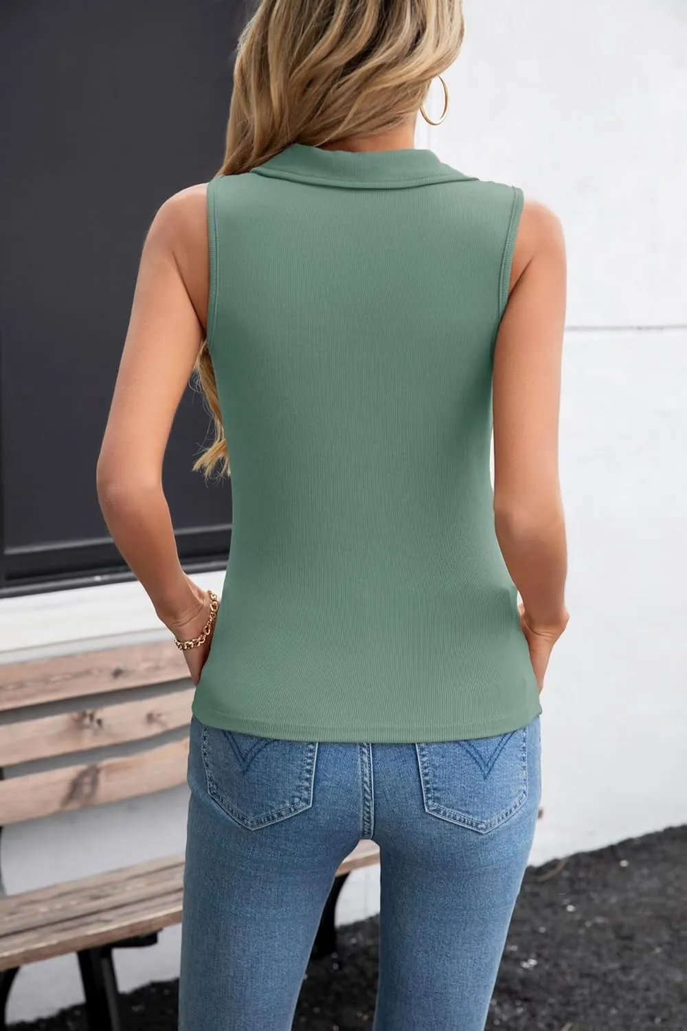 VICHYIE Womens Sleeveless Tank Tops Lapel Collared V Neck Slim Fitted Ribbed Knit Tight Polo Tops