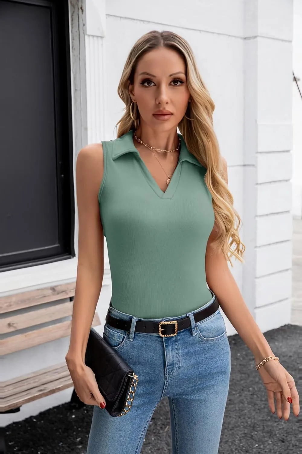 VICHYIE Womens Sleeveless Tank Tops Lapel Collared V Neck Slim Fitted Ribbed Knit Tight Polo Tops