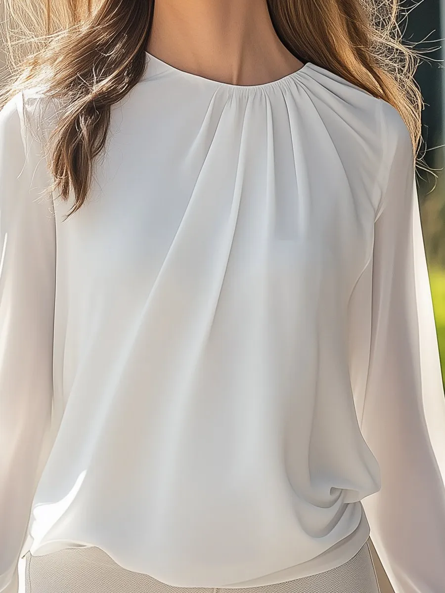 White Pleated Blouse with Long Sleeves