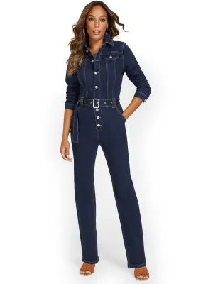 Wide-Leg Denim Jumpsuit - Medium Wash