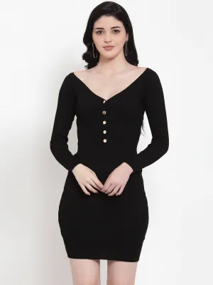 Women Black Blended V Neck Solid Mini Dress