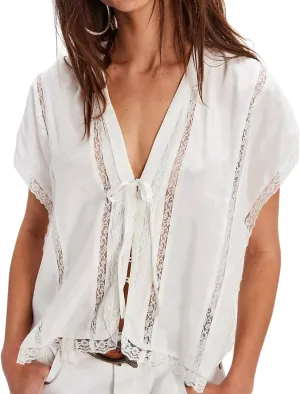 Women Boho Button Down Lace Trim Blouse Top Short Sleeve V Neck Solid Loose Fit Silky Satin Tie Front Shirt Top