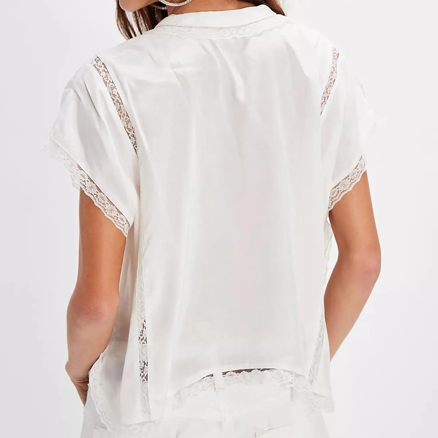 Women Boho Button Down Lace Trim Blouse Top Short Sleeve V Neck Solid Loose Fit Silky Satin Tie Front Shirt Top