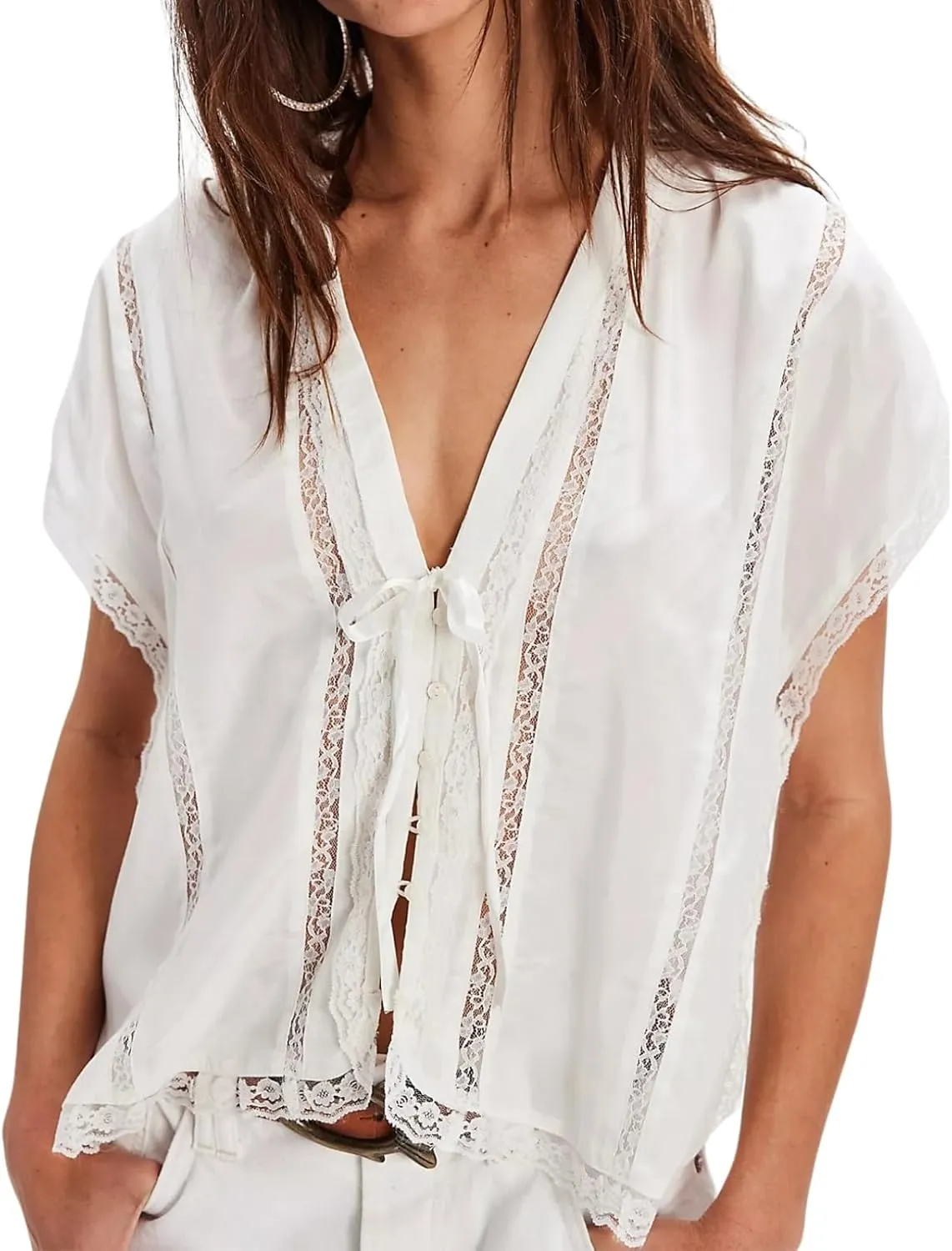 Women Boho Button Down Lace Trim Blouse Top Short Sleeve V Neck Solid Loose Fit Silky Satin Tie Front Shirt Top