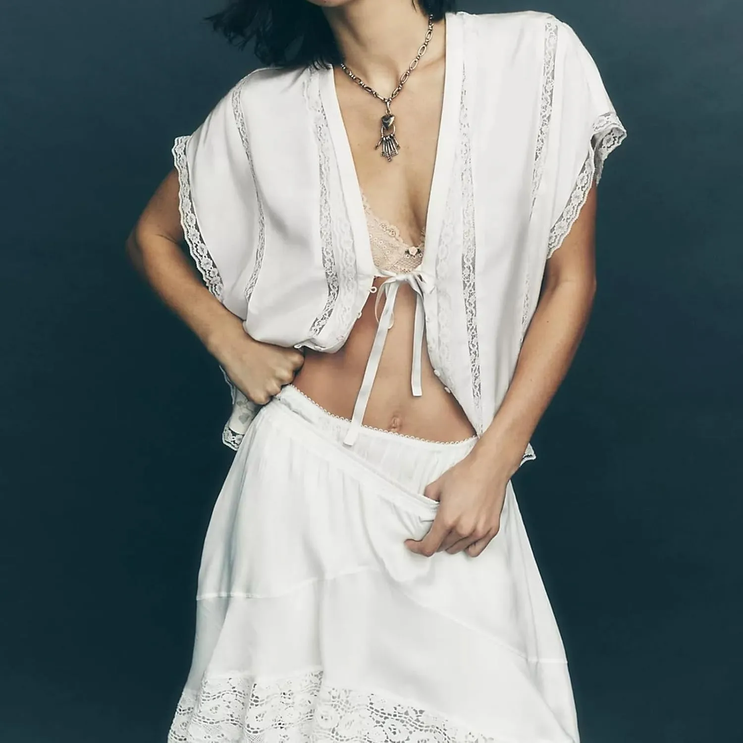 Women Boho Button Down Lace Trim Blouse Top Short Sleeve V Neck Solid Loose Fit Silky Satin Tie Front Shirt Top