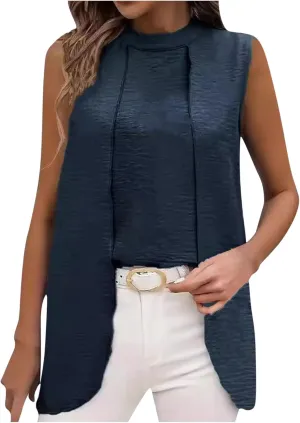 Womens Asymmetric Tops Dressy Casual Sleeveless Mock Neck Tank Tops Loose Fit Solid Flowy Tunic Shirts Cute Work Tees