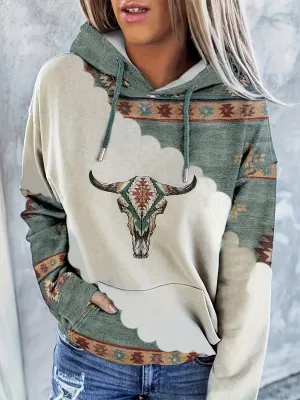 Women's Casual Oversized Hoodie with Aztec Geometric Print and Drawstring | Ideal for Autumn/Winter