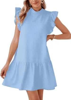 Women's Casual Ruffle Sleeve Mini Dress Soft Loose Fit Summer T-Shirt Dress with Flowy Hem
