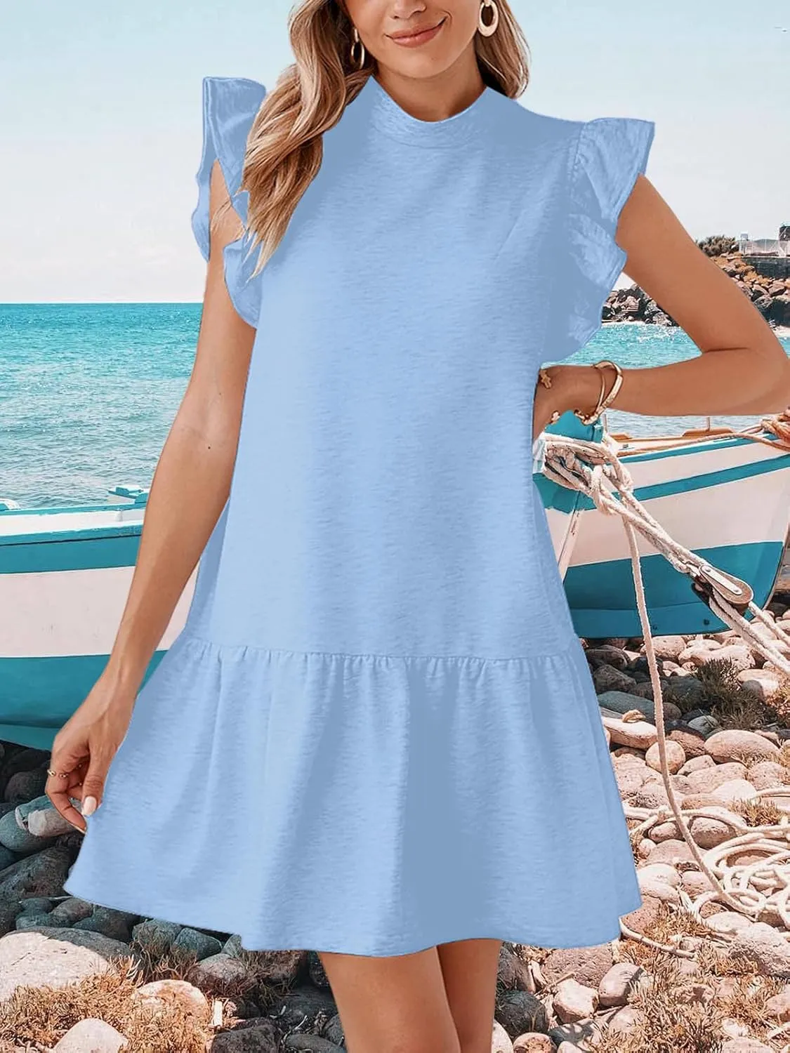 Women's Casual Ruffle Sleeve Mini Dress Soft Loose Fit Summer T-Shirt Dress with Flowy Hem