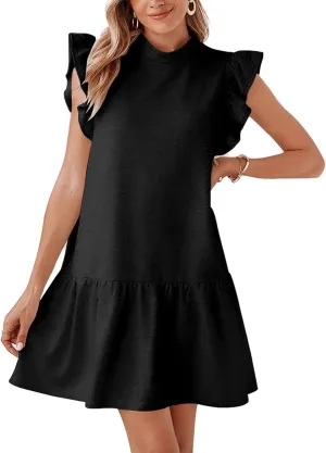 Women's Casual Ruffle Sleeve Mini Dress Soft Loose Fit Summer T-Shirt Dress with Flowy Hem