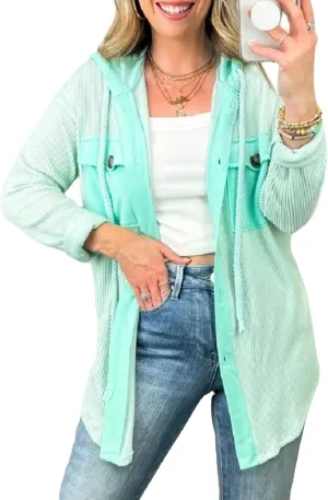 Womens Plaid Shacket Hooded Jackets Oversized Long Sleeve Button Down Coats Fleece Warm Coat with Pockets