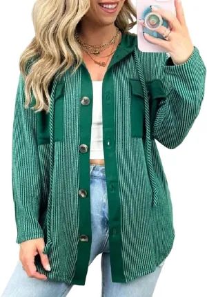 Womens Plaid Shacket Hooded Jackets Oversized Long Sleeve Button Down Coats Fleece Warm Coat with Pockets