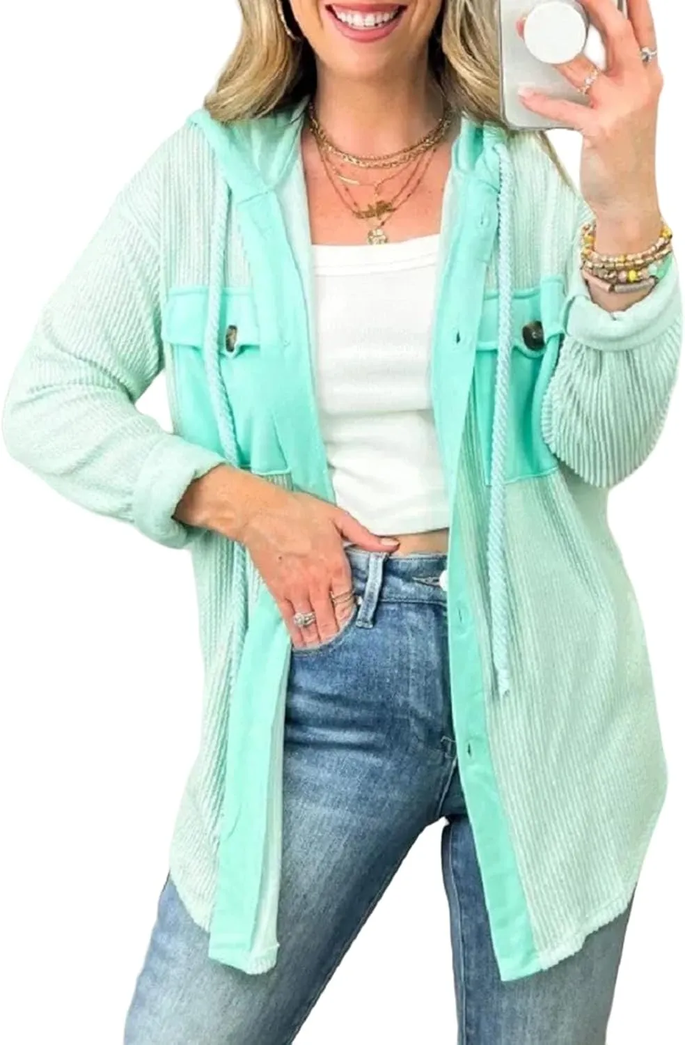 Womens Plaid Shacket Hooded Jackets Oversized Long Sleeve Button Down Coats Fleece Warm Coat with Pockets