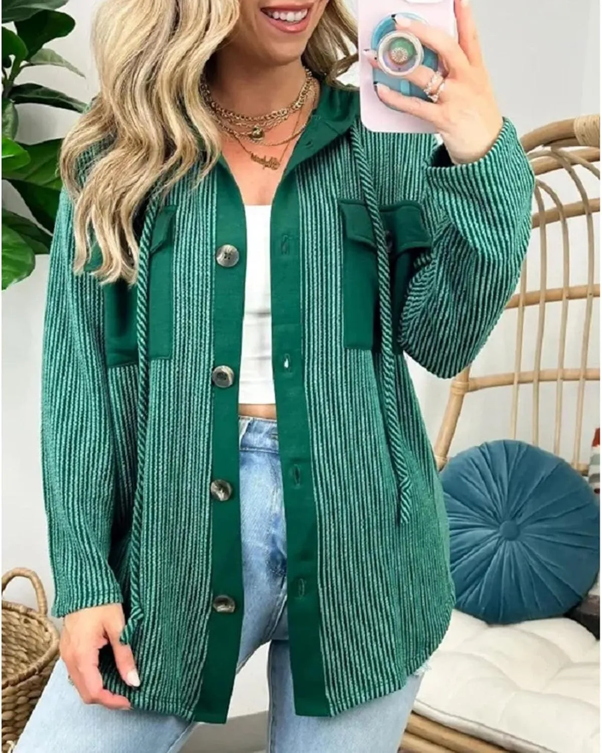 Womens Plaid Shacket Hooded Jackets Oversized Long Sleeve Button Down Coats Fleece Warm Coat with Pockets